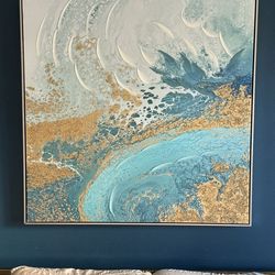 Large Modern Abstract Canvas – Teal & Gold Textured Wall Art