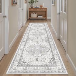 Madane Kitchen Runner 2'6''x8' Soft Rug Runners for Hallways, Grey Vintage Machine Washable Rugs 2.5x8 Ft, Non-Slip Low Pile Stain-Resistant 8ft Floor