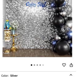 Silver Shimmer Wall Backdrop 36PCS, Black Back Not See-Through Design, Square