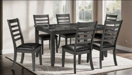 Brand New Grey 7pc Dining Table Set w Marble Top