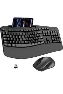 Wireless Keyboard and Mouse Combo, 2.4G Full Size Wave Keys Ergonomic Keyboard with Wrist Rest, Phone Holder, 3-Level DPI Wireless Silent Mouse with 6