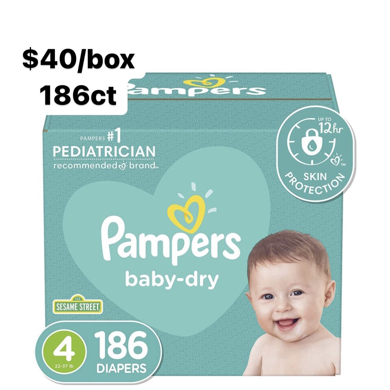 Size 4 (22-37 Lbs) Pampers Baby Dry (186 Baby Diapers)