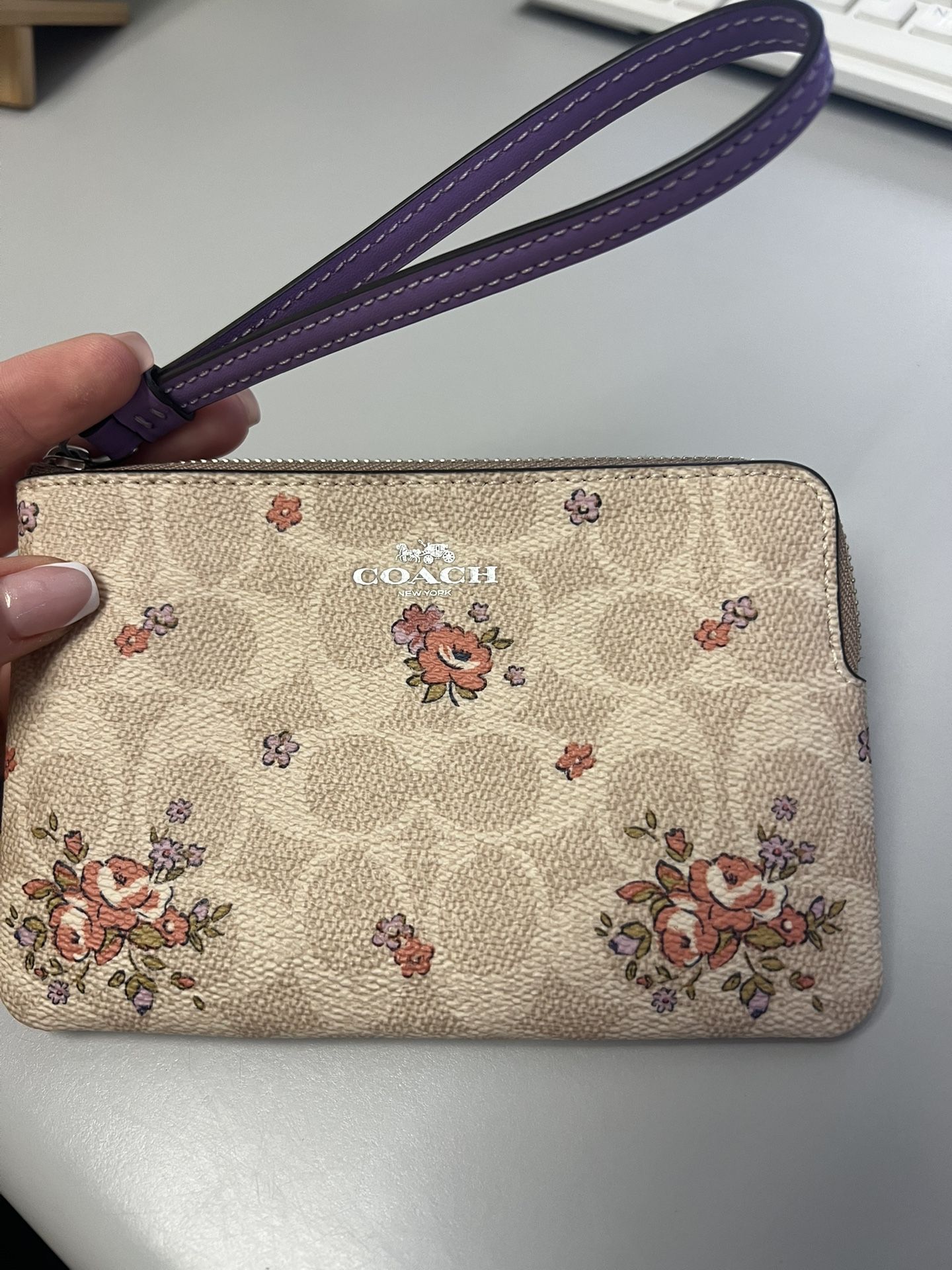 Purple Flower Coach Zip Wristlet