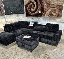 Black Corduroy Sectional Sofa with Ottoman
