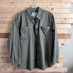 Garage Olive Green Button Up overshirt oversize Denim Jacket petite size XSP