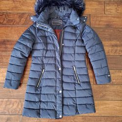 Tommy HILFIGER Winter Snow Coat Jacket Fur Navy Blue Hooded Warm