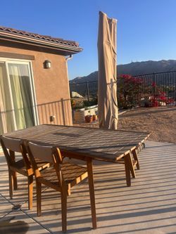 Article Teak Table, Chairs, and Bench (free umbrella)