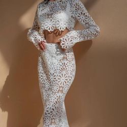 Jules Jij White Floral Lace Two-Piece Set (Crop Top + Maxi Skirt) – Bridal / Vacation