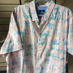 Hawaiian Shirt BY George. Beautiful Soft Peach Pink With Pale Blue Graphics XXXL. Excellent Condition