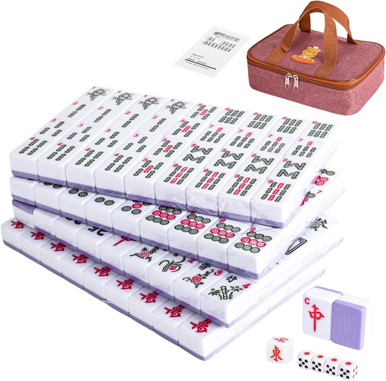 Chinese Small Mahjong Set, 144 Numbered Melamine 1.18" Size Tiles(Purple) and 8 Blank Tiles, with Carrying Travel Bag, English Instruction