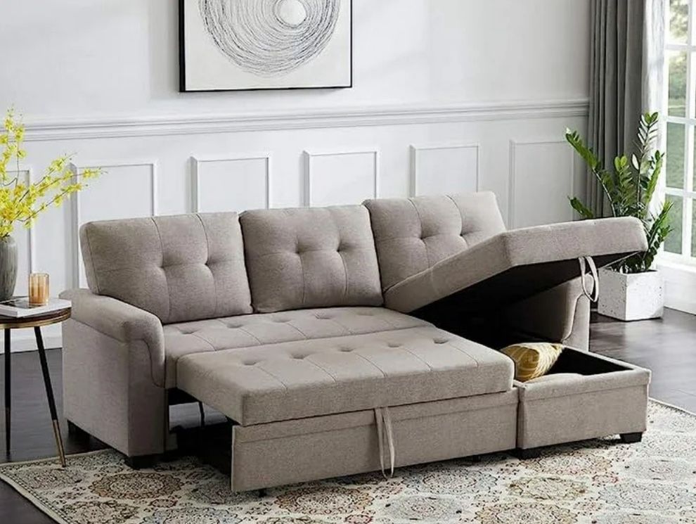 Linen Reversible Sleeper Sectional Sofa with Storage Chaise, L-Shape Design