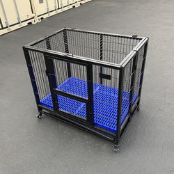(NEW) $150 Folding Dog Cage 37x25x33” Heavy Duty Single-Door Kennel w/ Plastic Tray 