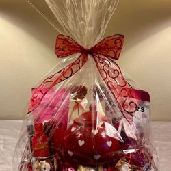 Valentine’s Gift Basket. Red With White Heart Ceramic Tea Kettle And Two Mugs.