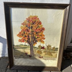 Framed Needlepoint Autumn Tree Embroidery