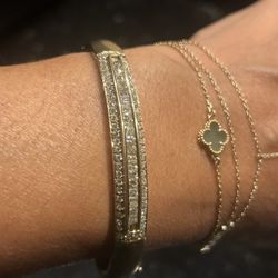 14K Yellow Gold 3 Row Diamond Bangle Bracelet 