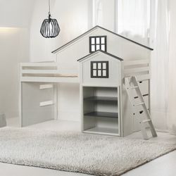 💎 GRAY / WHITE FINISH TWIN SIZE LOFT BED HOUSE THEME BOOKCASE💎