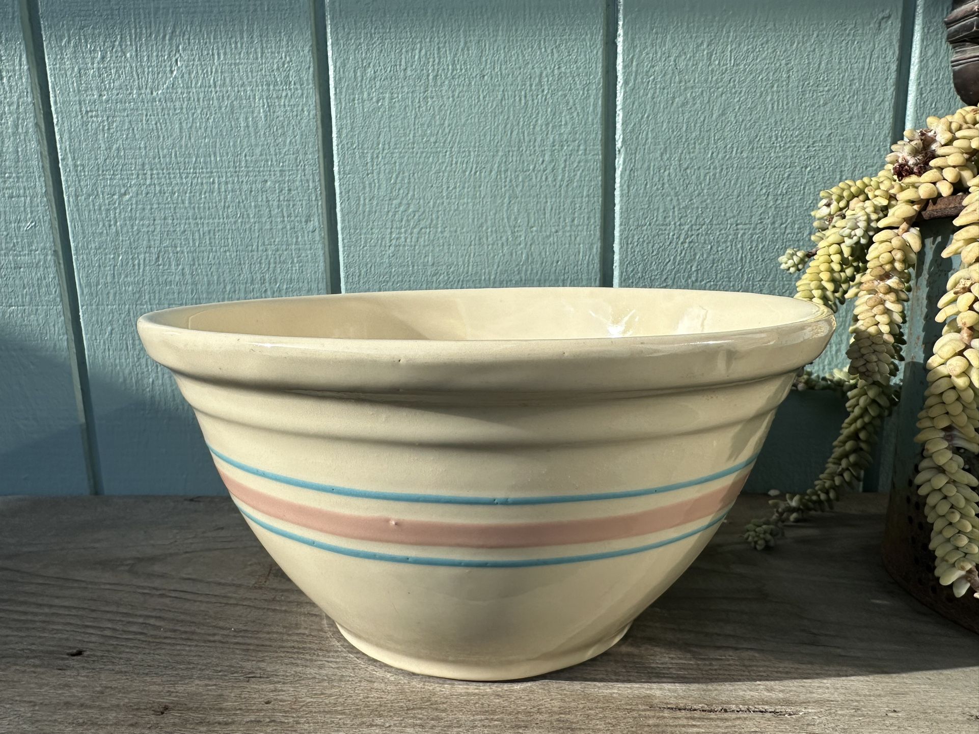 Vintage McCoy Large OvenWare Pottery Mixing Bowl. 12". Pink Blue Stripe
