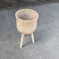 Woven Bamboo Plant Stand with Wood Legs, Boho Tripod Basket Planter