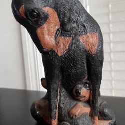 Vintage Doberman Bank Makers of America Realistic Bead Eyes, 9”  Doberman Pincer with Puppy, Dog, Rare statue figure  In good condition