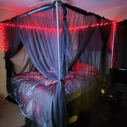 King Metal Frame W/ Large Light Grey Upholstered Headboard 