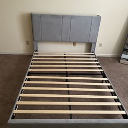 Queen Size Modern Bed Frame Upholstered Headboard Wood Slats Platform Gray