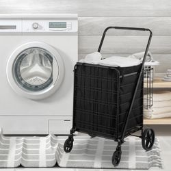 Folding Shopping Cart with Removable Waterproof Liner, 330LBS Large Capacity Jumbo Grocery Cart with Dual Basket, 360° Swivel Wheels, Dense Metal Mesh