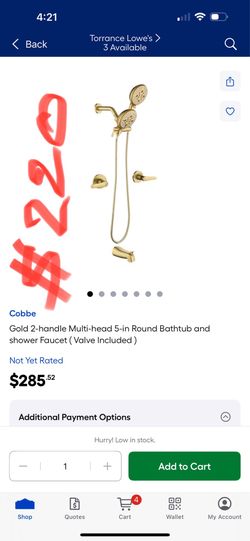 220 Cobbe Gold 2-handle Multi-head 5-in Round Bathtub and shower Faucet (Valve Included)