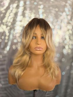 Blonde  balayage synthetic hair wig  long bangs 16"