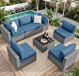 7-Piece Outdoor Wicker Sectional Sofa Set with Blue Cushions