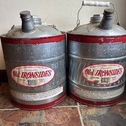 Set Of 2 Old Ironsides Gasoline Can Galvanized Metal 2 Gallon