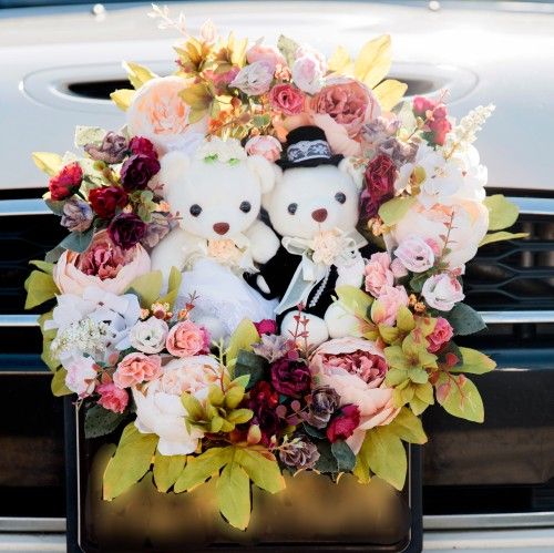 Peony Silk Flowers Wreath with Bride and Groom Teddy Bears - Wedding, Wedding Decor, 婚禮花圈花車裝飾婚禮裝飾