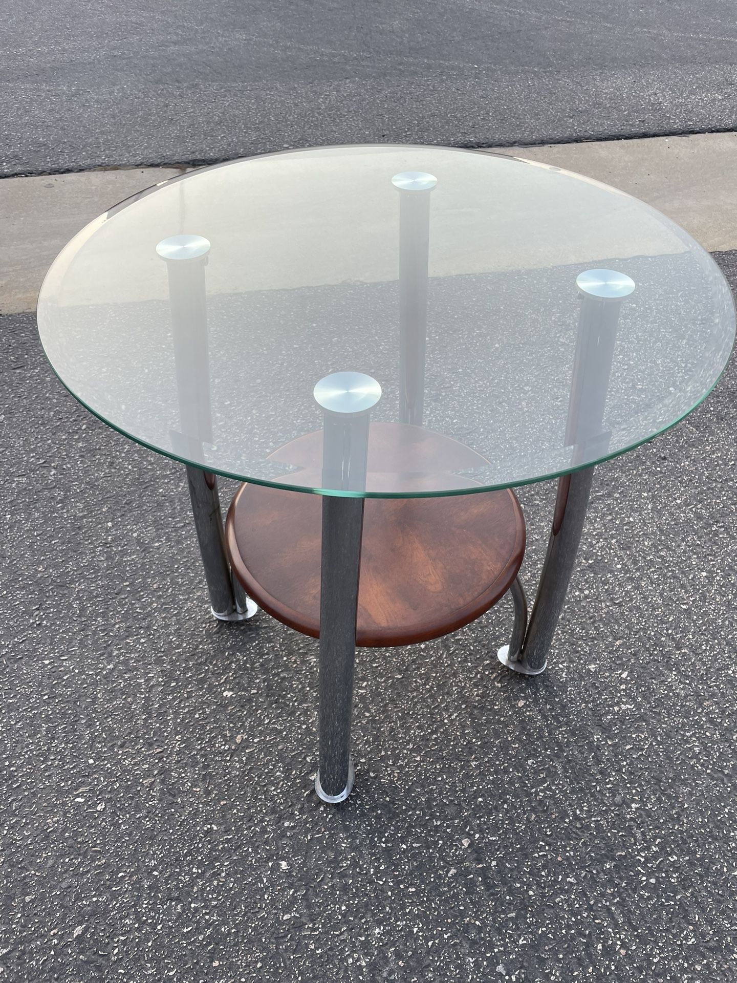 Round Glass Coffee End Table With Wooden Base