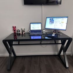 Computer Desk Glass Top Metal Frame, 55.1" Home Office Desks & Workstation Modern Office Writing Gaming Study Work Glass Computer Table Desk