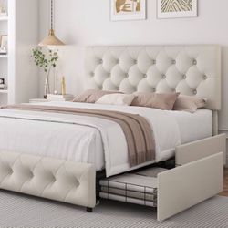 Full Size Bed Frame with 4 Storage Drawers and Adjustable Headboard, Upholstered Platform Bed with Button Tufted Design, Strong Wooden Slats Suppo