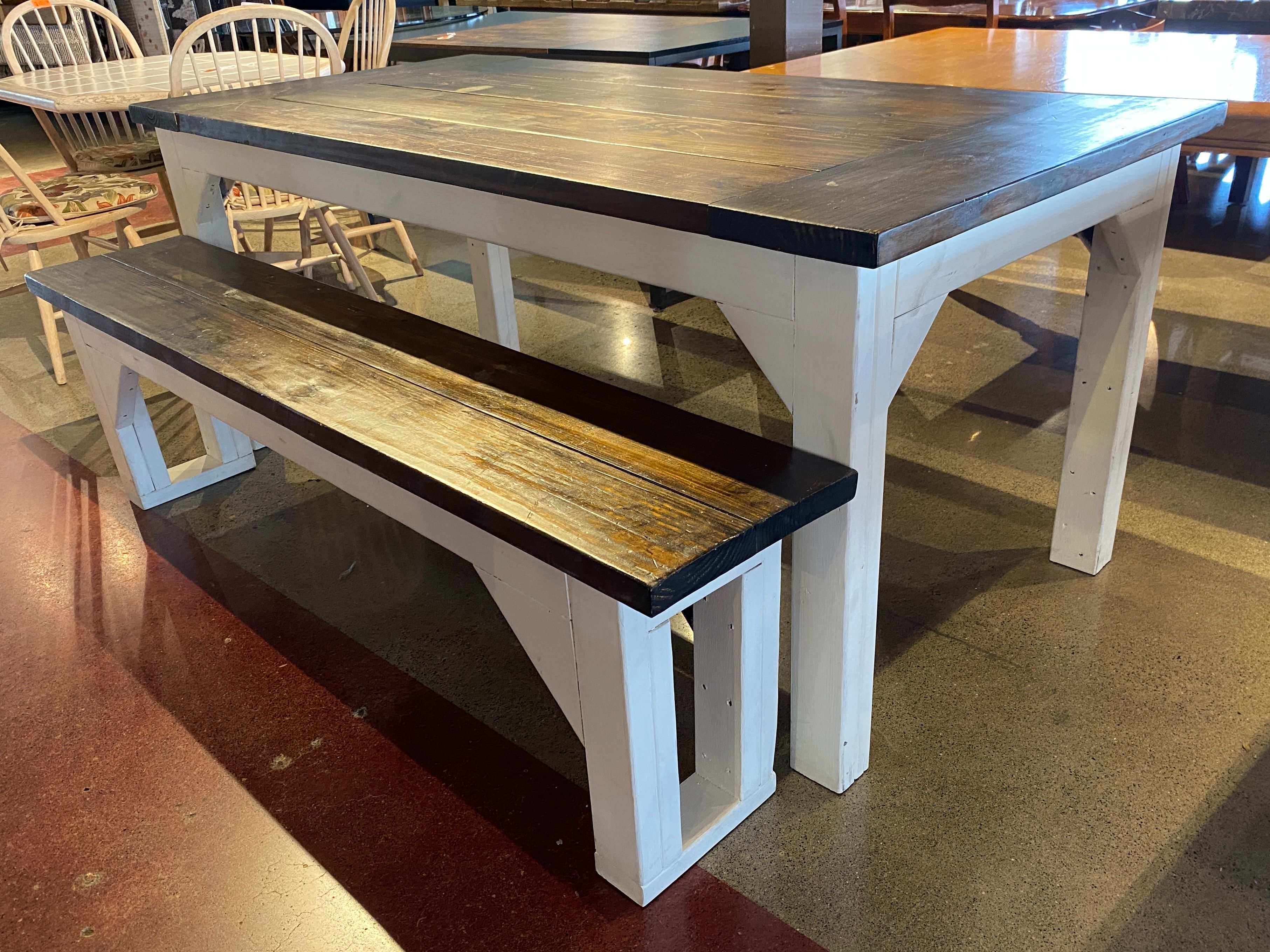 Country Rustic Dining Table & Bench, Antique White & Espresso