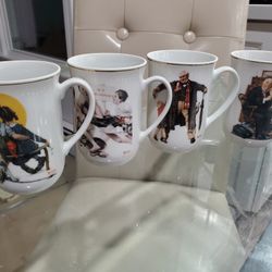 Vintage Norman Rockwell coffee cups, gold lined