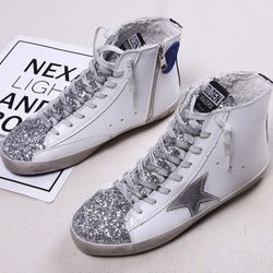 Women's High Top Fashion Flat Sneakers Distressed Design Lace up Star Glitter Shoes