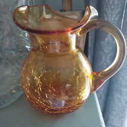 Vtg. Amber Crackle Glass Pitcher Hand Blown Art Glass