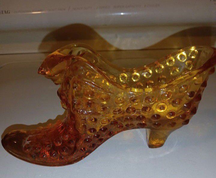 Vintage Fenton Amber Glass Hobnail  Cat's head Shoe 6x2 And 1/2 In