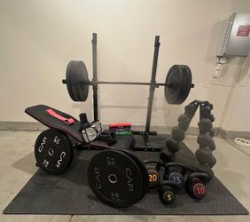 🏋️ FULL HOME GYM SETUP — $450 | 190LB BUMPER PLATES + 150LB DUMBBELLS + BENCH
