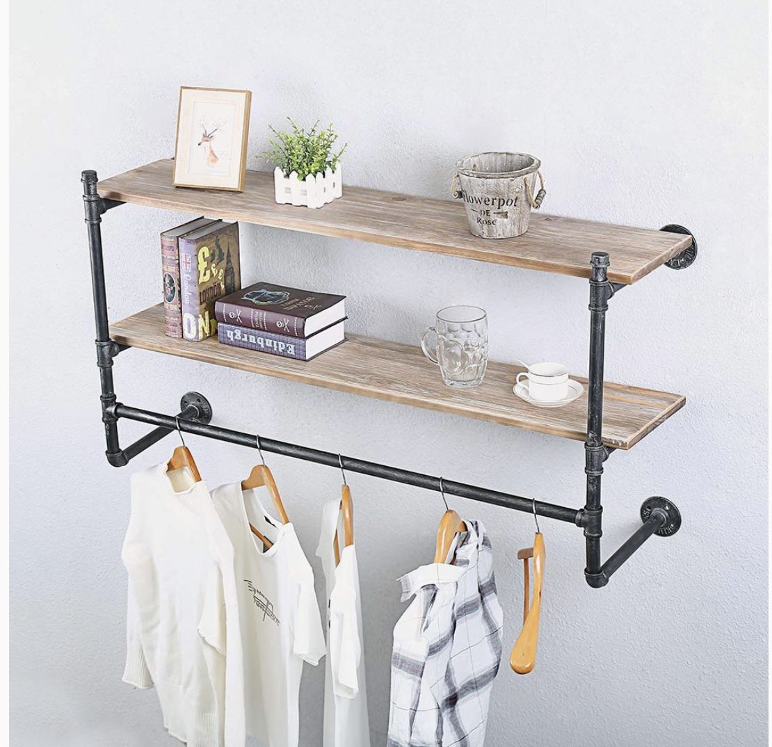 Industrial Pipe Clothing Rack Wall Mounted with Real Wood Shelf,Rustic Retail Garment Rack Display Rack Cloths Rack,Pipe Floating Shelves Wall