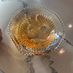Vintage Marigold Pressed Glass 3 Footed 6.5" Candy Dish w/Scalloped Edge