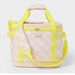 Sun Squad 24 Cans/20.7qt Soft Sided Cooler in beige checkered with yellow straps. 