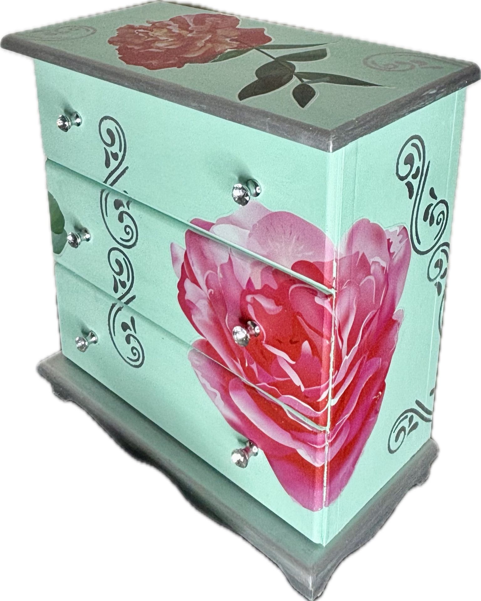 Painted Mint Green Floral Jewelry Box With Bonus Trinket Box