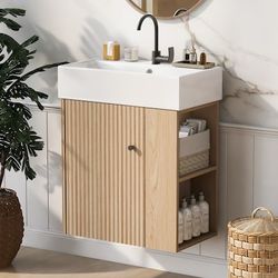 Assembly Required 21.6inch Modern Floating Bathroom Vanity with Ceramic Basin Perfect for Small Bathrooms Right side storage