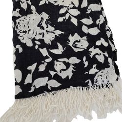 Pashmina Scarf Black & White Floral with Fringes - 70” x 29” - Excellent Condition 