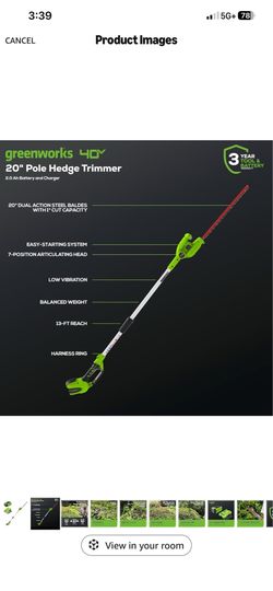 Greenworks 40V 20" Cordless Pole Hedge Trimmer, 2.0Ah Battery and Charger Included