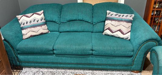 Teal Fabric Couch and Loveseat with Nailhead Trim