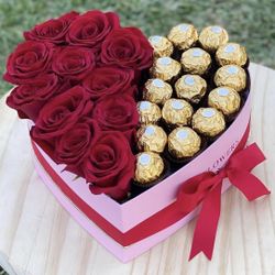 Heart Shaped Roses And Chocolates Arrangement