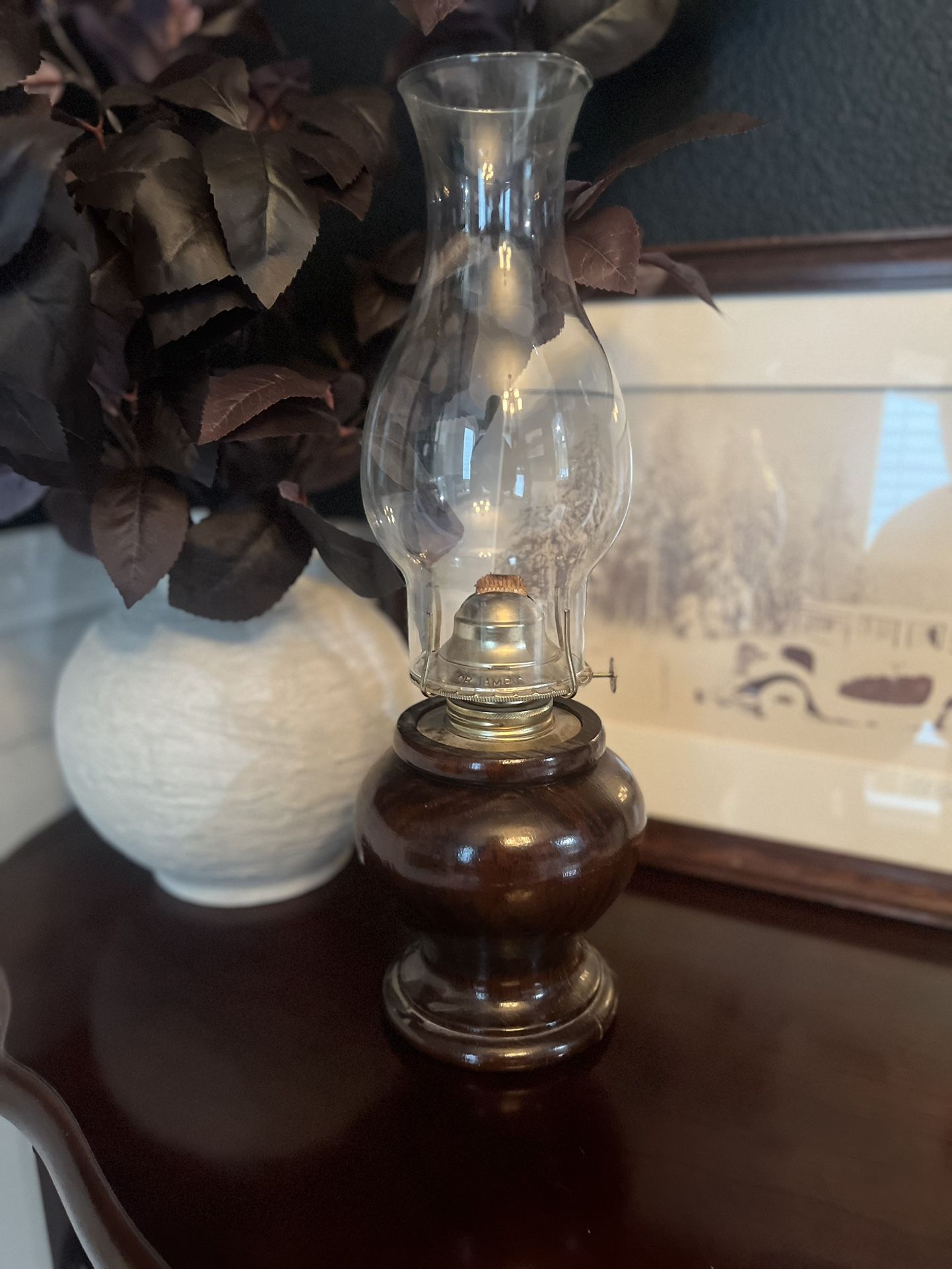 Antique-Style Oil Lamp with Glass Chimney and Wooden Base